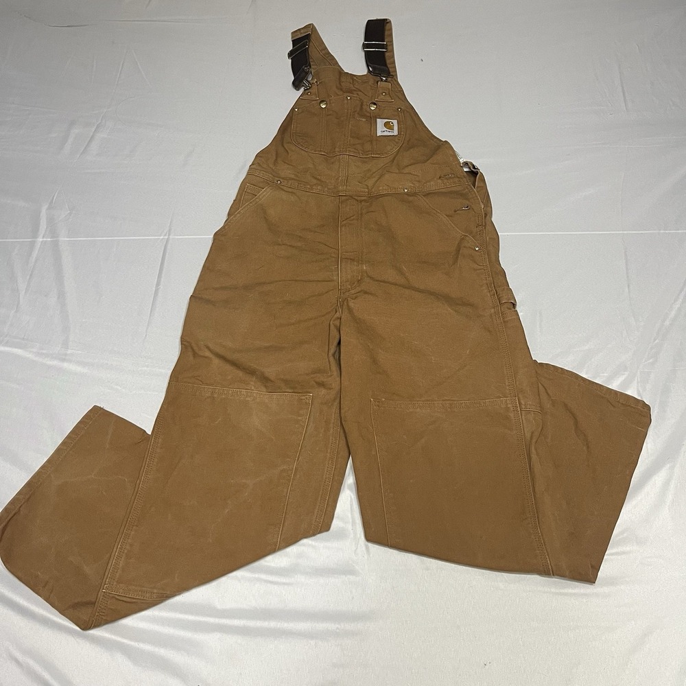 Carhartt Bib Overalls Mens 34x30 R01 Brown Duck Canvas Double Knee Workwear